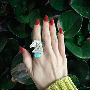 Western Sterling Silver Horse Adjustable Ring Genuine Whitewater Turquoise Stone